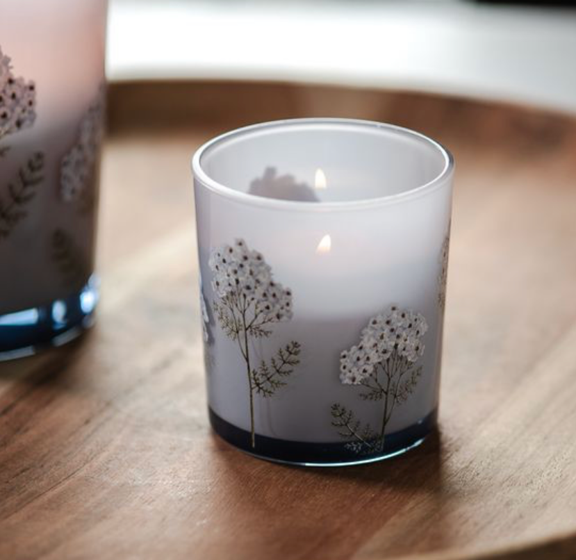 3" LT. BLUE GLASS FLORAL CANDLE JAR