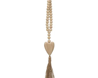 Wood Beads with Heart Icon and Jute Tassel